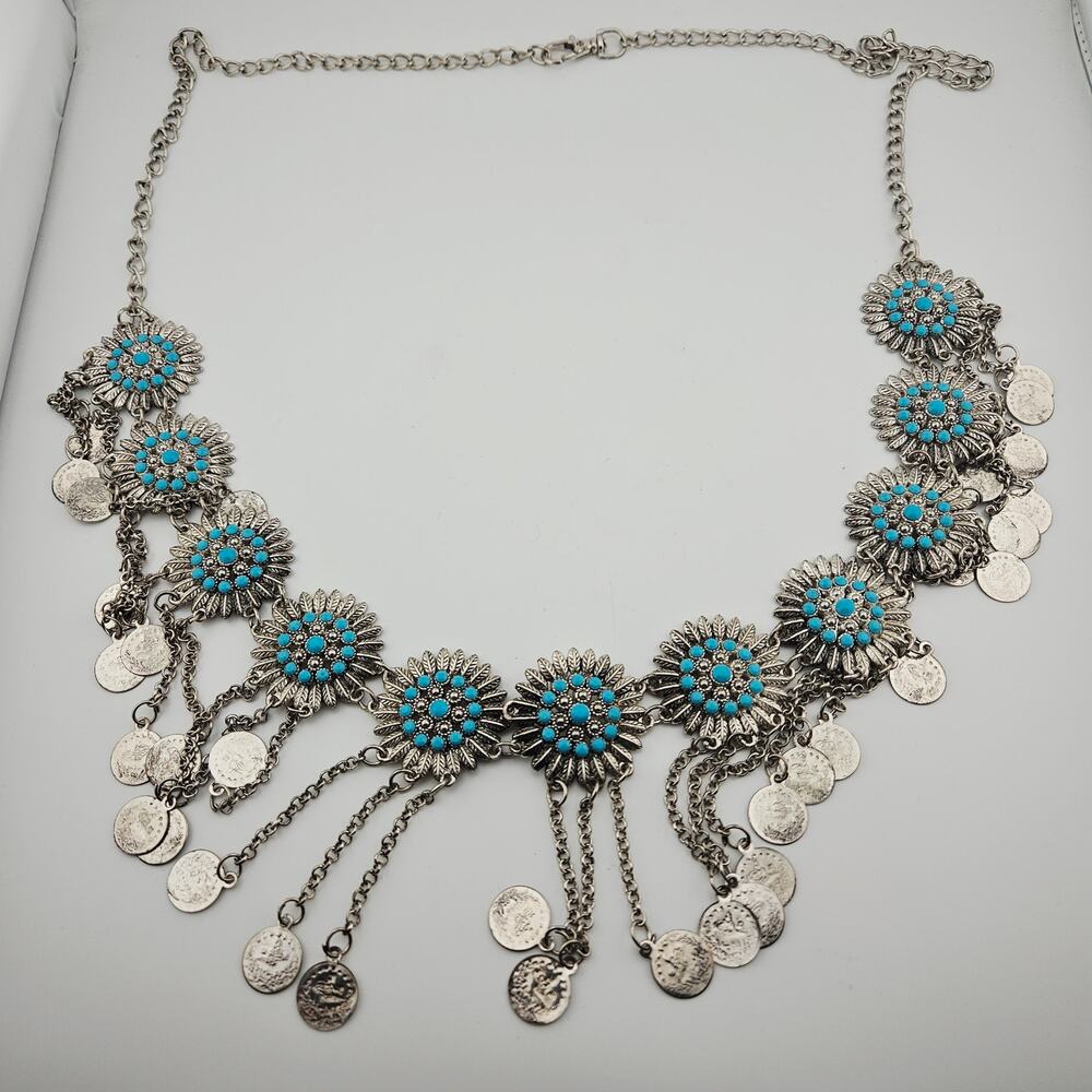 Silver Tone Turquoise Stone Medallion Collar Necklace Dangle Festival Rodeo Glam